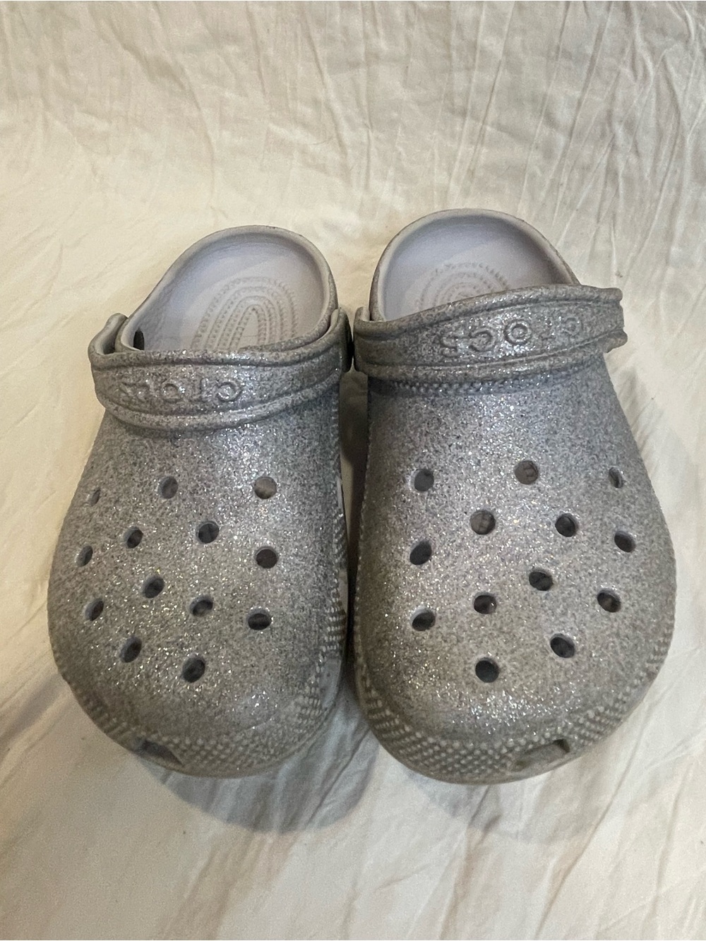 Crocs Classic Glitter Clogs Silver Sparkle Kids Junior J2 Slip On Shoes